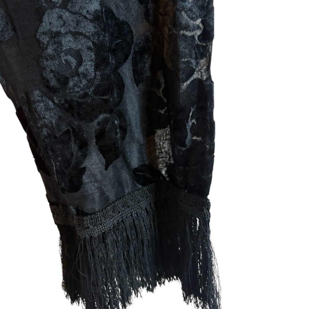 Scarf Black Sheer with Black Velvet Flowers on it Plus Fringed Ends